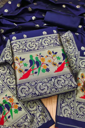 Blue banarasi paithani silk  unstitched dress material