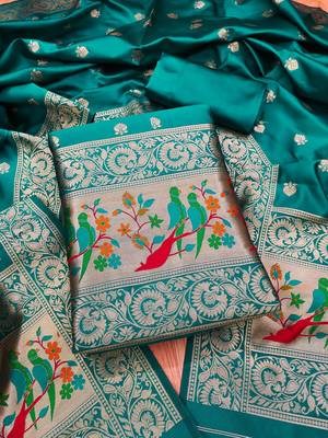 Teal banarasi paithani silk  unstitched dress material 4