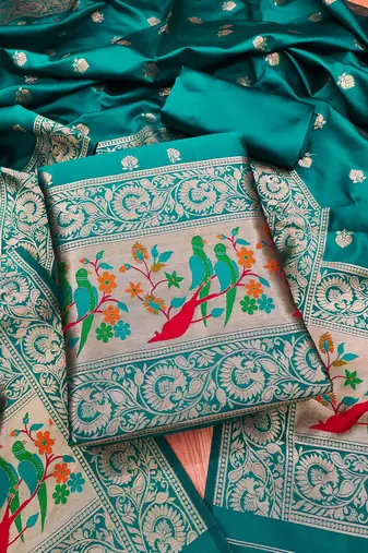 Teal banarasi paithani silk  unstitched dress material