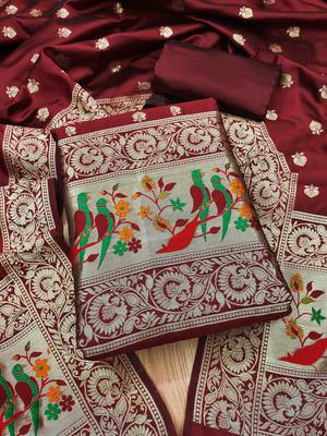 Maroon banarasi paithani silk  unstitched dress material 4