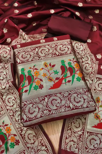 Maroon banarasi paithani silk  unstitched dress material