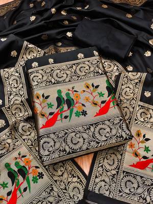 Black banarasi paithani silk  unstitched dress material 3