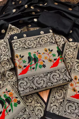 Black banarasi paithani silk  unstitched dress material