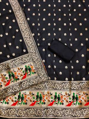 Black banarasi paithani silk  unstitched dress material 5