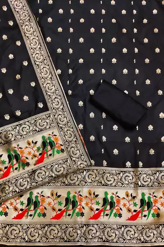 Black banarasi paithani silk  unstitched dress material