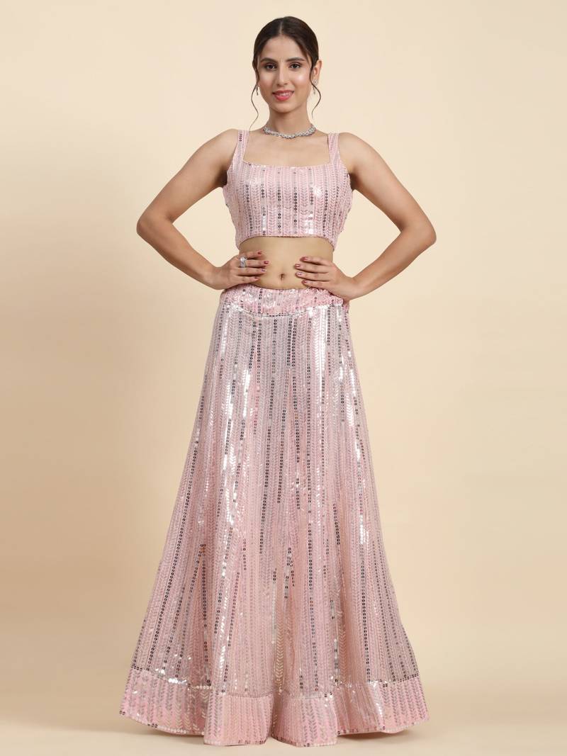 Irresistible Baby Pink thread and sequins embroidered georgette fabric lehenga choli for wedding
