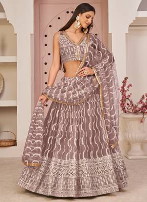 onion Pink Butterfly Net Embroidery Thread Designer Lehenga 1