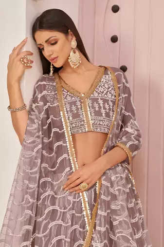 onion Pink Butterfly Net Embroidery Thread Designer Lehenga