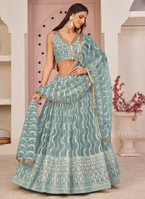 Ocean Blue Butterfly Net Embroidery Thread Designer Lehenga 1