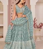 Ocean Blue Butterfly Net Embroidery Thread Designer Lehenga
