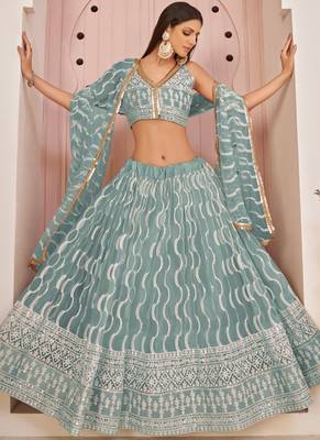 Ocean Blue Butterfly Net Embroidery Thread Designer Lehenga 2