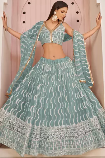 Ocean Blue Butterfly Net Embroidery Thread Designer Lehenga