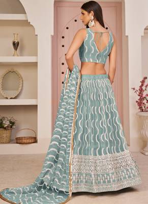 Ocean Blue Butterfly Net Embroidery Thread Designer Lehenga 3