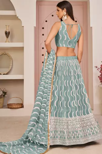 Ocean Blue Butterfly Net Embroidery Thread Designer Lehenga