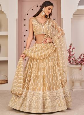 Beige Butterfly Net Embroidery Thread Designer Lehenga 1
