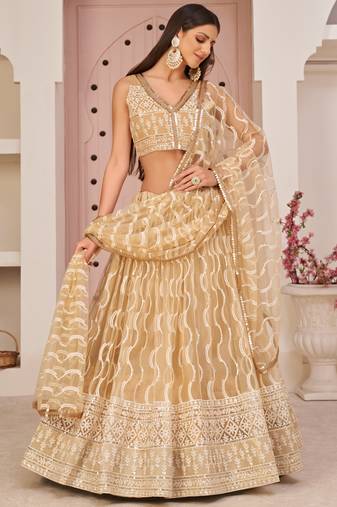 Beige Butterfly Net Embroidery Thread Designer Lehenga