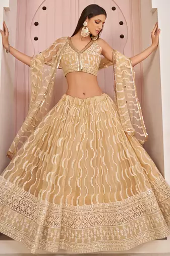 Beige Butterfly Net Embroidery Thread Designer Lehenga