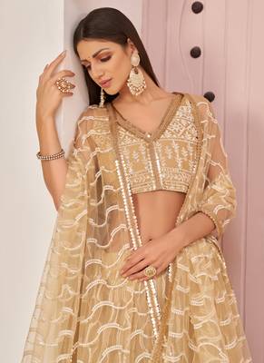 Beige Butterfly Net Embroidery Thread Designer Lehenga 3
