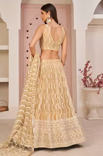 Beige Butterfly Net Embroidery Thread Designer Lehenga