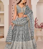 Grey Butterfly Net Embroidery Thread Designer Lehenga