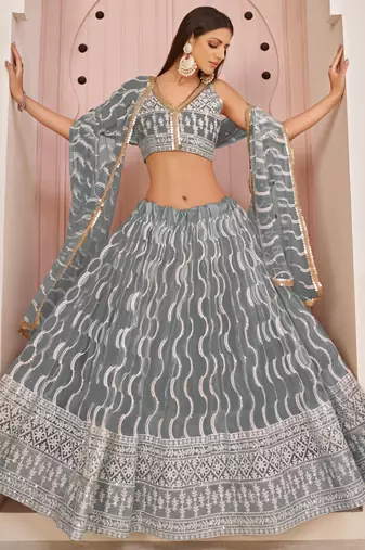 Grey Butterfly Net Embroidery Thread Designer Lehenga