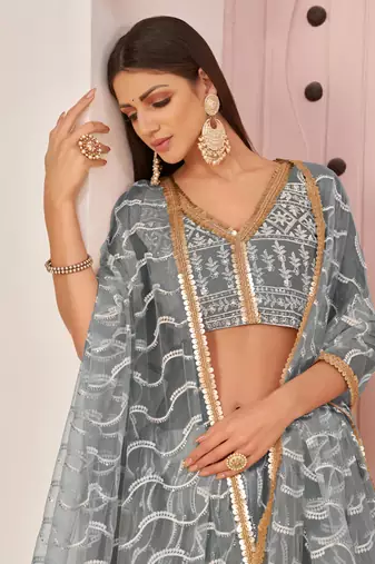 Grey Butterfly Net Embroidery Thread Designer Lehenga