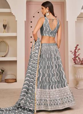 Grey Butterfly Net Embroidery Thread Designer Lehenga 4