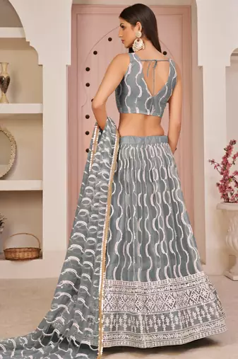 Grey Butterfly Net Embroidery Thread Designer Lehenga