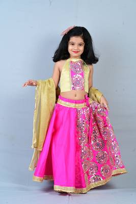 Aglare Brocade ,cotton ethnic Lehenga choli for small girls,Girls,Baby girls,kids. Pink Gold 1