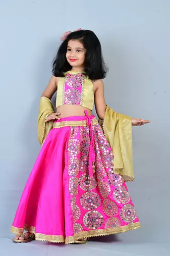 Aglare Brocade ,cotton ethnic Lehenga choli for small girls,Girls,Baby girls,kids. Pink Gold