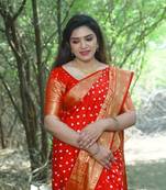 Koram Orange Bandhej With kanjivaram silk blendBorder With Zari Weaving Pallu Saree With Blouse For Women