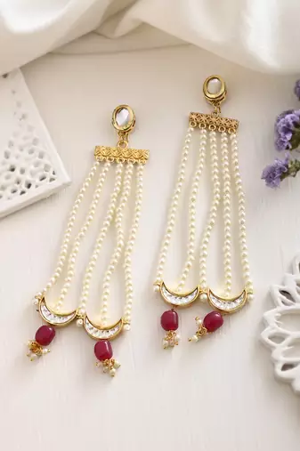Gold palted red beaded & white pearl hafe moon earring