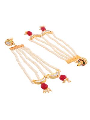 Gold palted red beaded & white pearl hafe moon earring 3