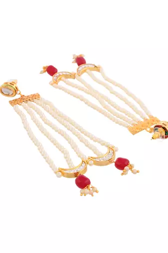 Gold palted red beaded & white pearl hafe moon earring