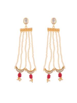 Gold palted red beaded & white pearl hafe moon earring 4