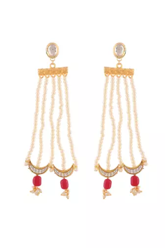 Gold palted red beaded & white pearl hafe moon earring