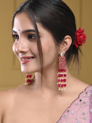 Gold palted red beaded & white pearl long earring 1