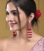 Gold palted red beaded & white pearl long earring