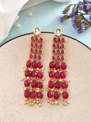 Gold palted red beaded & white pearl long earring 2