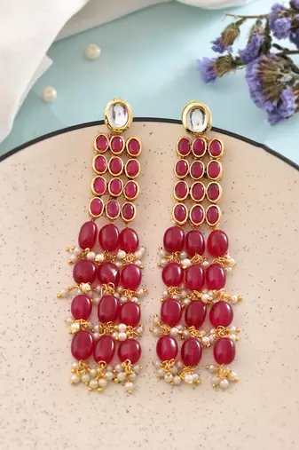 Gold palted red beaded & white pearl long earring
