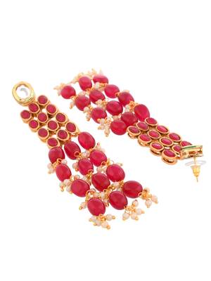 Gold palted red beaded & white pearl long earring 3