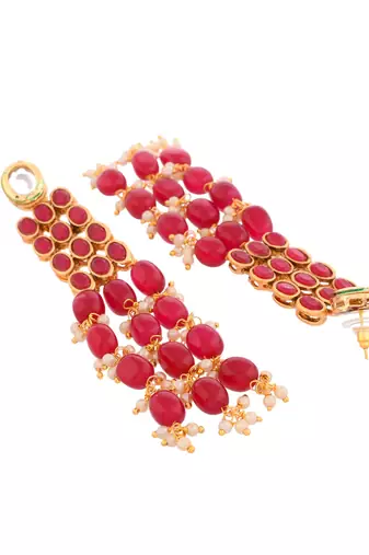 Gold palted red beaded & white pearl long earring