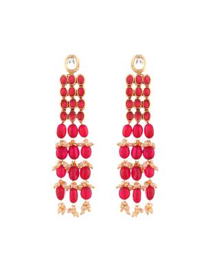 Gold palted red beaded & white pearl long earring 4