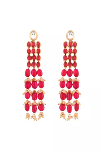 Gold palted red beaded & white pearl long earring