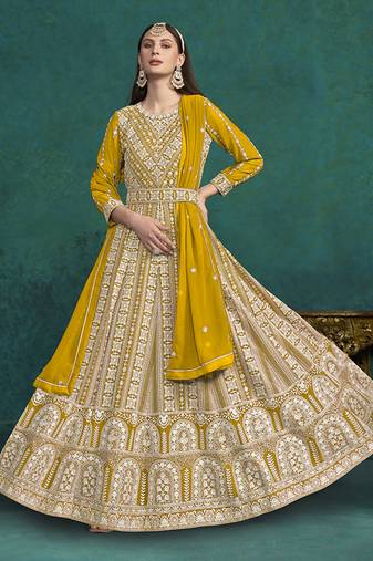 Faux georgette lakhanavi work yellow anarkali salwar kameez for festival wear