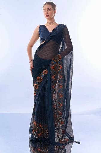 Teal Woven Embellished Chiffon Saree