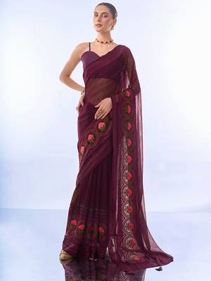 Purple Woven Embellished Chiffon Saree 1