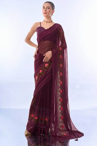 Purple Woven Embellished Chiffon Saree