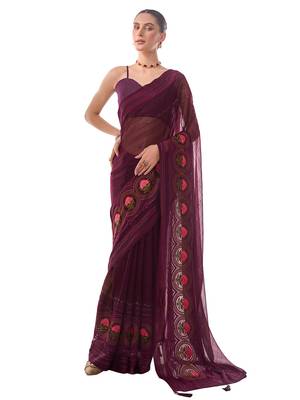 Purple Woven Embellished Chiffon Saree 2