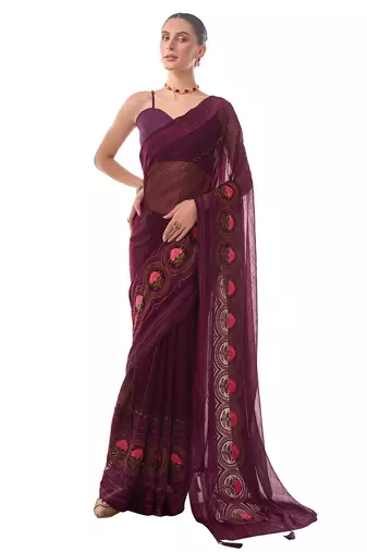 Purple Woven Embellished Chiffon Saree
